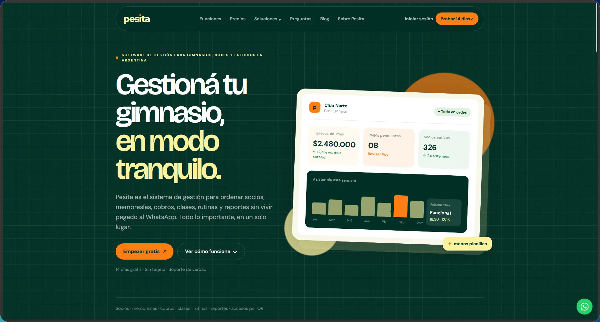 Captura de la web de Pesita: gestión para gimnasios, boxes y estudios